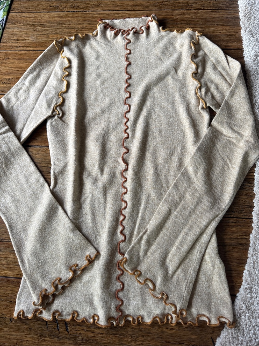 Mystree Neutral Beige Ruffle-Trim Long Sleeve mock turtleneck
